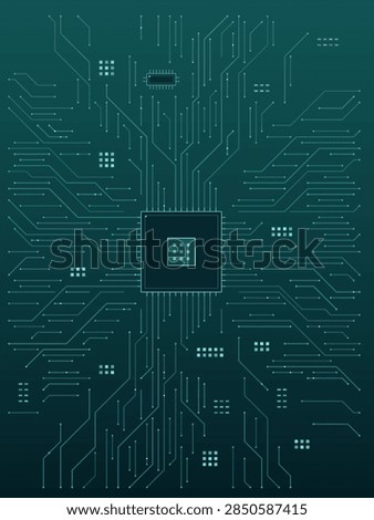 Teal processor hub technology background. Editable vector illustration with angular signal traces, electronic components, and fine connection nodes.