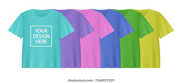 Teal, purple, pink, blue, green and yellow T-shirts. Realistic 3d mockup of T-shirt with short sleeves. Empty space for your design. Print shop	