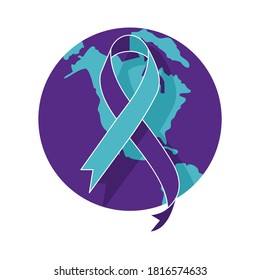 Teal purple ribbon on world map. Concept of suicide prevention and awareness. Flat style illustration. Isolated. 