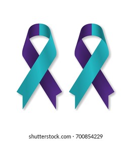 Teal purple ribbon for suicide prevention / awareness, isolated on white background, front and back view, a vector illustration.