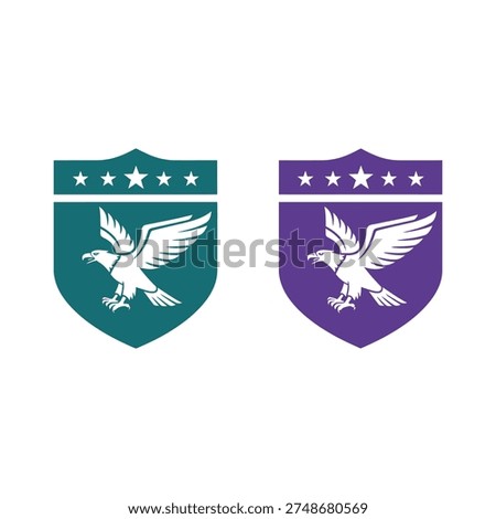Teal and purple shield crests with flying eagles and stars heraldry symbols icon