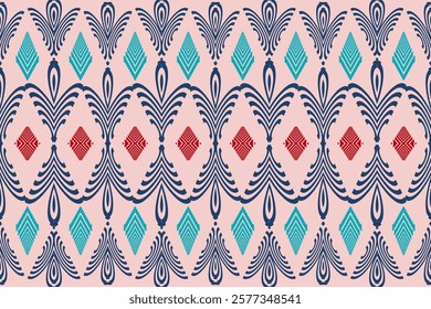 Teal and Red Floral Geometric Pattern on Beige Background for Decorative Art