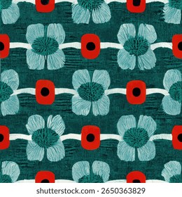 Teal and red flowers with white stripes on a dark green background. grunge lines ikat pattern, ikat seamless pattern, Vector illustration background for print the paper.