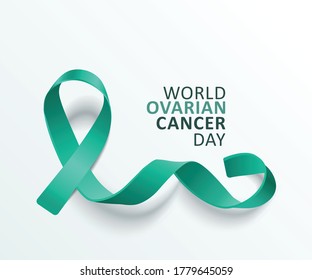 Teal ribbon banner for world ovarian cancer day on white background - realistic satin fabric loop with curly end with text for awareness campaign, vector illustration