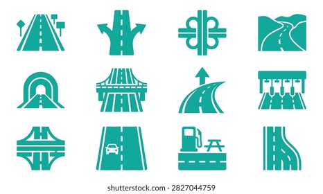 Teal road and highway navigation icon set featuring cloverleaf interchange, tunnel, bridge, toll booth, winding mountain path, gas station rest stop, and lane merge symbols on white.