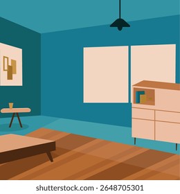 Quarto de chá com mobiliário elegante e um piso de madeira polida. Adequado para blogs de design de interiores, anúncios de móveis, sites de decoração de casa.
