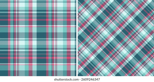 Teal and rose plaid patterns create a cozy and stylish textile. Ideal for backgrounds, apparel, or design projects needing a classic, textured feel.