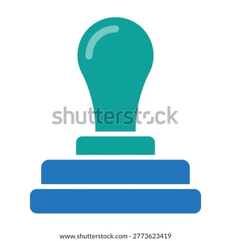 Teal rubber stamp on blue ink pad isolated on white background, symbolizing approval or confirmation