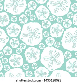 Teal sand dollar Seamless vector pattern. Hand drawn elements make up this unique pattern. Perfect for fabrics, towels, pillows, scrapbooking, gift wrap and more!    