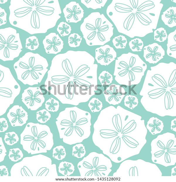 Teal sand dollar\
Seamless vector pattern. Hand drawn elements make up this unique\
pattern. Perfect for fabrics, towels, pillows, scrapbooking, gift\
wrap and more!    