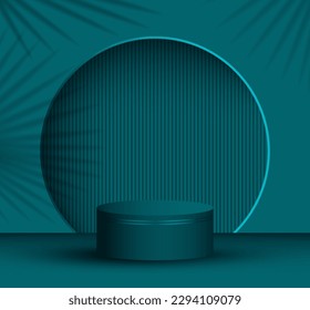 Teal scene stage showcase, luxury palm leaves shadow natural background. Product platform, podium 3d stage vector design in summer turquoise dark color. Cosmetics presentation empty scene pedestal