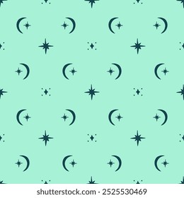 Teal seamless pattern with celestial motifs. Stars and moons background. Monochrome boho wallpaper.