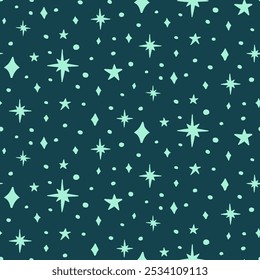 Teal seamless pattern with celestial motifs. Stars background. Monochrome boho wallpaper.