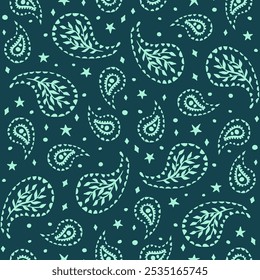 Nahtloses Muster aus Teal mit himmlischen und paisley Motiven. Monochrome Sterne und Blumen boho Tapete.