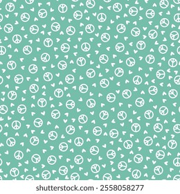 Teal seamless pattern with white peace symbols and hearts