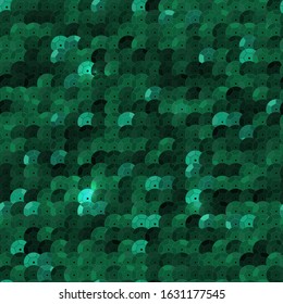 Teal Sequins Seamless Pattern. Vector Shiny Paillettes On Fabric, Dark Luxurious Fabric Background