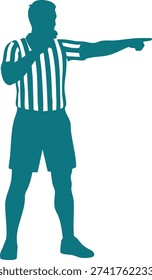 Teal silhouette of referee blowing whistle and pointing