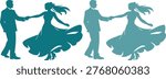 Teal silhouettes of dancing couples in formal attire dance