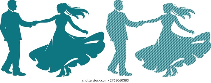 Teal silhouettes of dancing couples in formal attire dance