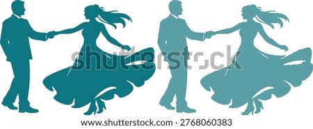 Teal silhouettes of dancing couples in formal attire dance