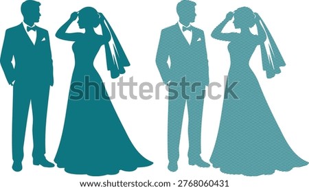 Teal silhouettes of wedding couples in formal attire