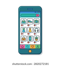 A teal smartphone displays a grid of product icons, including handbags, shoes, cameras, dresses, headphones, and a potted plant, within an online shopping application interface.