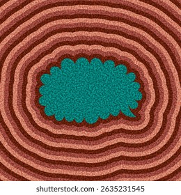 Bolha de fala azul-petróleo centralizada no plano de fundo ondulado vermelho. Ilustração vetorial com estilo gráfico texturizado em negrito.