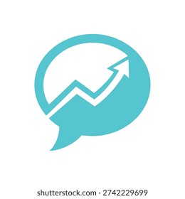 A teal speech bubble containing a graph with an upward trending arrow