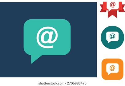 Teal speech bubble with at symbol on dark blue background and icons email message