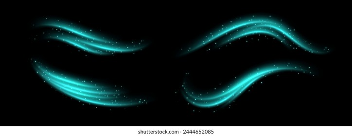 Líneas de velocidad reales, luz en movimiento, rastros de luz brillante con destellos. Efecto de movimiento brillante, remolinos luminiscentes. Decoración de Vector.