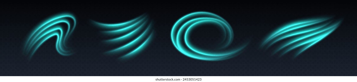 Teal speed lines, light in motion, glowing light trails. Bright motion effect, luminescent swirls. Vector decoration.