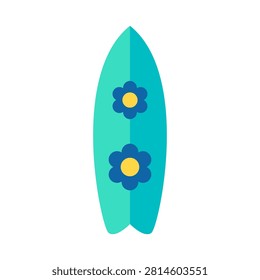Teal split tail surfboard with blue flower decals and playful vintage summer design for beach and surf lifestyle