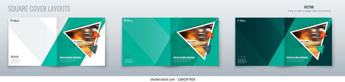 Teal Square Brochure template layout design with triangles. Corporate business annual report, catalog, magazine, flyer mockup. Creative modern bright concept triangle shape