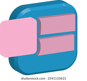 A teal, square-shaped object with two light-pink, rectangular compartments, one larger than the other.
