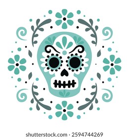 Teal Sugar Skull Decorative Illustration