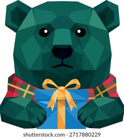 Teal Teddy Bear Holding Gift Low Poly Christmas Vector Illustration