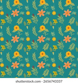 Patrón floral tropical verde azulado. Un vibrante patrón floral sin fisuras con una variedad de flores tropicales naranjas y amarillas, intercaladas con varios tonos de hojas verdes.