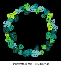 Teal tropical jungle leaves vector scatter. Philodendron or monstera plant summer background. Hawaiian jungle plants tropical foliage pattern. Greenery vector with monstera leaves on black.