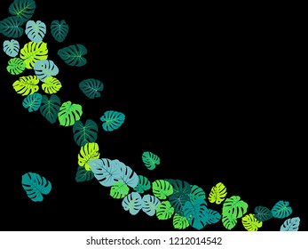 Teal tropical jungle leaves vector scatter. Philodendron or monstera plant summer background. Awesome jungle plants tropical foliage pattern. Greenery graphics with monstera leaves on black.