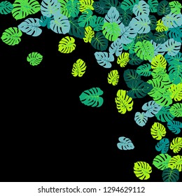 Teal tropical jungle leaves vector scatter. Philodendron or monstera plant summer background. Closeup jungle plants tropical foliage pattern. Floral vector with monstera leaves on black.