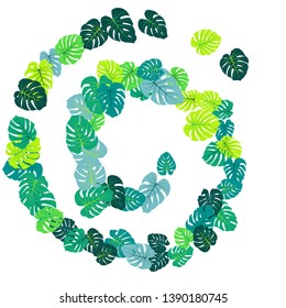 Teal tropical jungle leaves vector scatter. Philodendron or monstera plant summer background. Simple jungle plants tropical foliage pattern. Floral vector with monstera leaves on white.