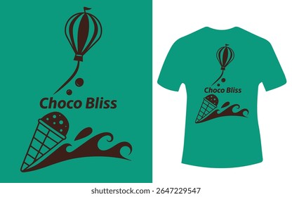 A teal t-shirt design featuring a brown hot air balloon, ice cream cone, and the text "Choco Bliss".
