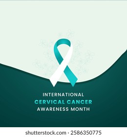 A Teal or turquoise ribbon, the symbol of International Cervical Cancer Awareness Month, displayed on a silver shield with a floral background.