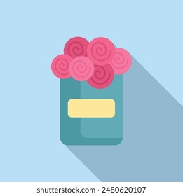 Teal vase containing pink flowers and featuring a blank label, making it perfect for adding your own message