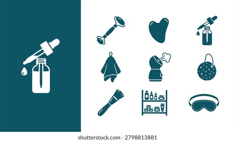 Teal vector icon set of personal care and wellness items: dropper bottle, dumbbell, heart, spray bottle, towel, baby bottle, brush, cosmetics shelf, spa tools.  Symbols vector illustration.