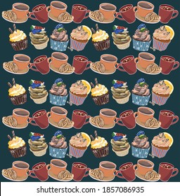 Teal vector illustration background for decoration with cups of coffee, muffins