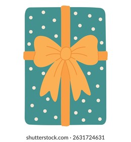Teal vertical gift box with cream polka dots and yellow ribbon, perfect for fun festive themes.