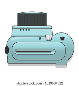 Teal, vintage instant camera vector illustration, viewed from the top. Icon for websites or mobile applications. Flash, lens, and printing compartment visible.