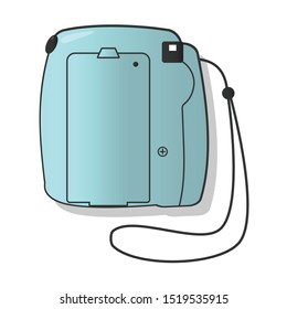 Teal, vintage instant camera vector illustration, rear view. Icon for websites or mobile applications. Viewfinder and battery compartment visible.