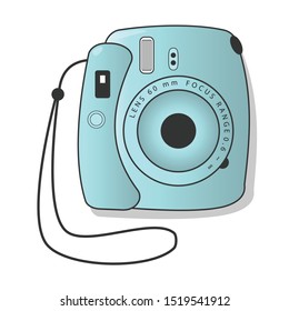 Teal, vintage instant camera vector illustration, front view. Icon for websites or mobile applications. Flash and lens visible.